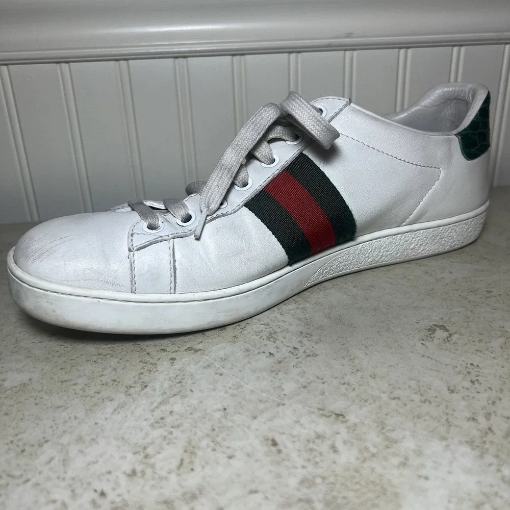 Authentic Gucci Ace Leather Sneakers Green Croc Trim Classic Web Striped Size 40